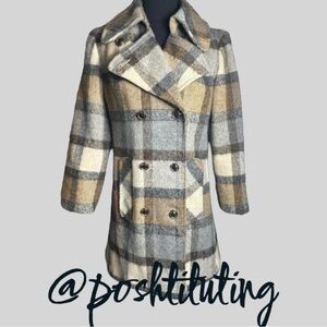 70's Deadstock Peacoat Brown Plaid Wool Coat sz S